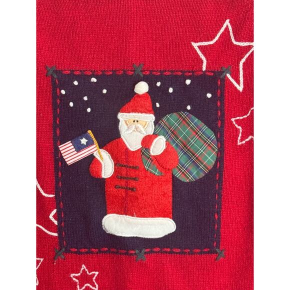 Christmas Sweater American Santa Ramie Wool Flag USA Sz Large Karen Scott Vtg - Picture 6 of 8